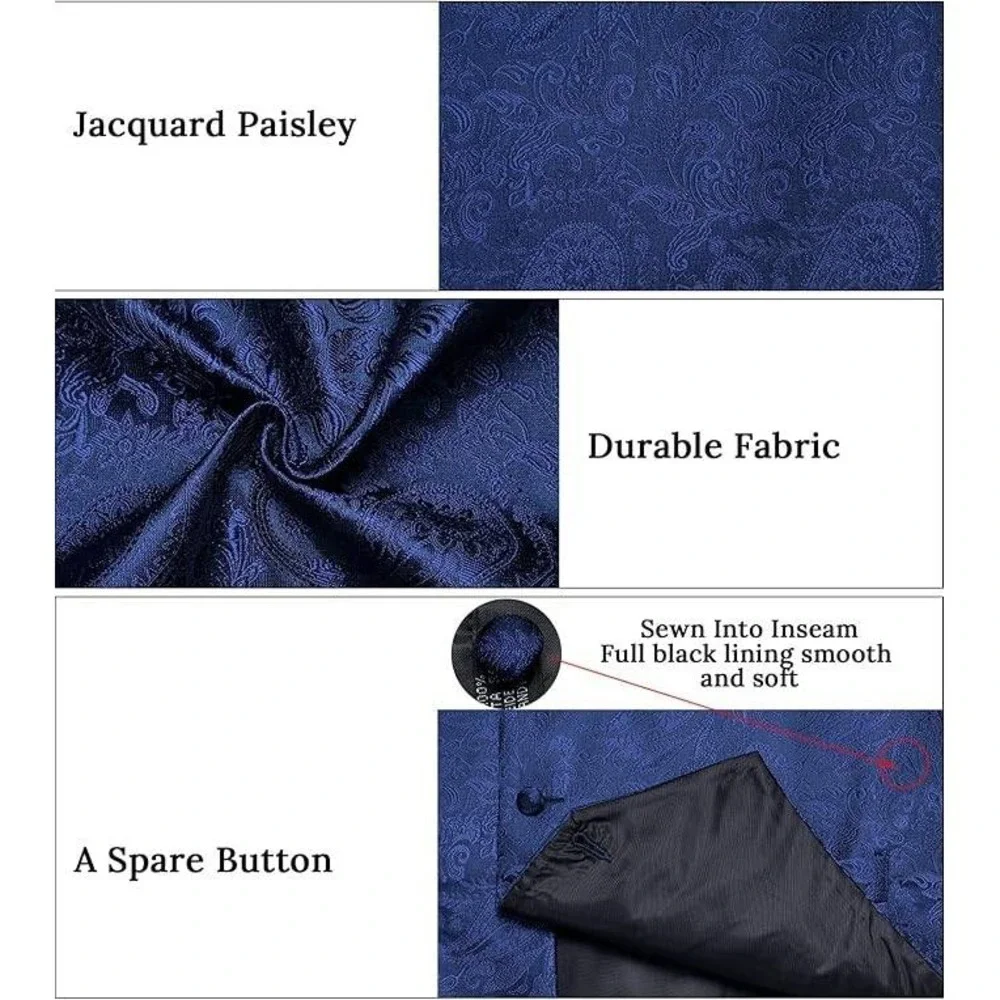 DiBanGu Paisley‎ Vest Set Mens L Blue Silk 6PC Tie Bowtie Pocket Square Formal